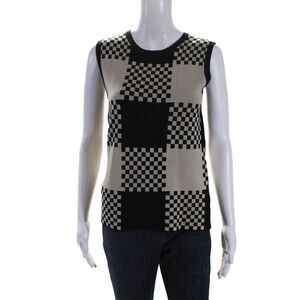MK Metric Knits Womens Black Bone Printed Crew Neck Sleeveless Top Size M